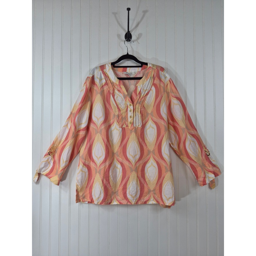NEW JM Women Orange Geometric 100% Linen Tunic Top Pintuck D-Ring 3/4 Sleeve 14